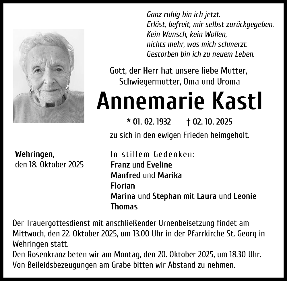 Traueranzeige von Annemarie Kastl von Schwabmünchner Allgemeine