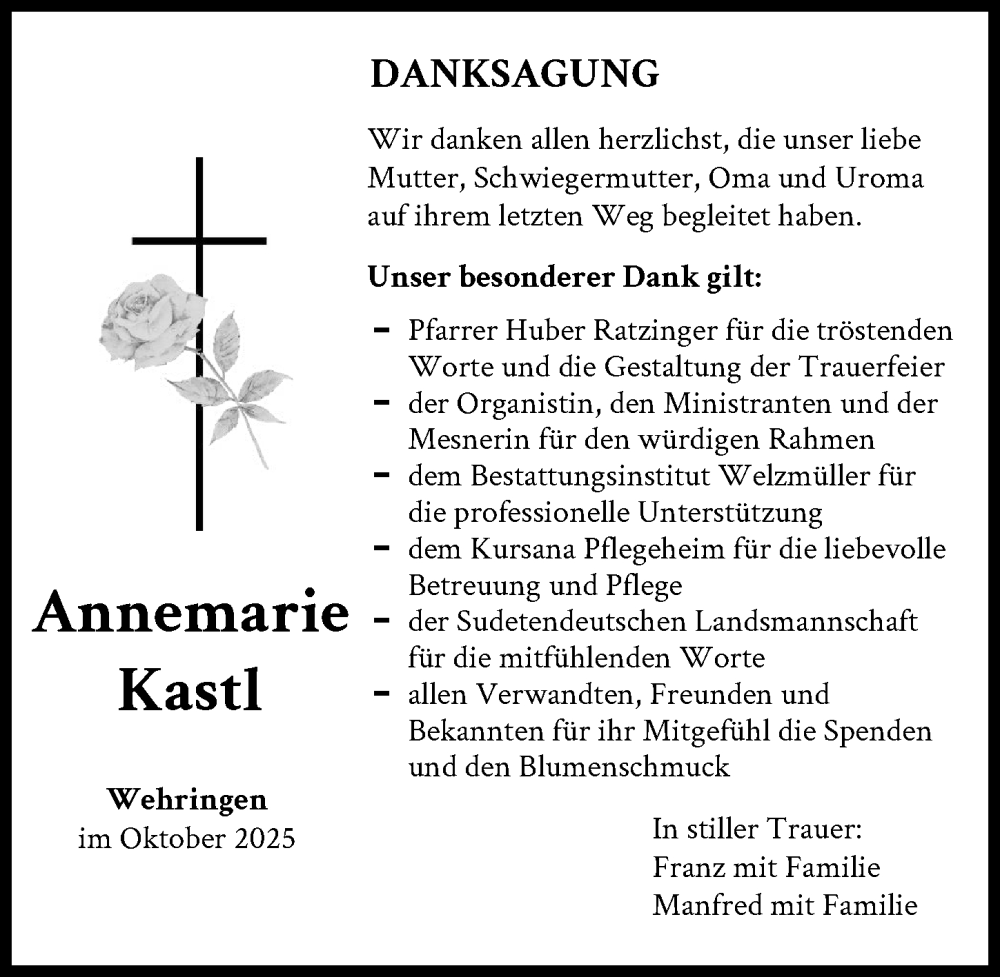 Traueranzeige von Annemarie Kastl von Schwabmünchner Allgemeine
