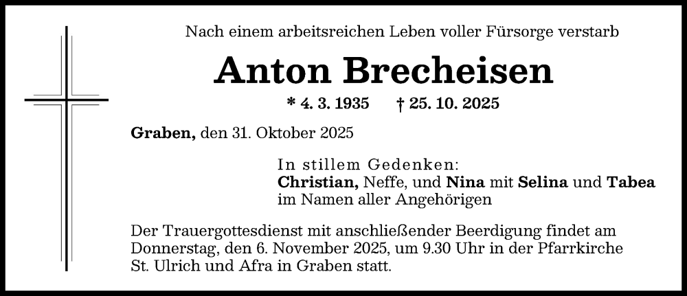 Traueranzeige von Anton Brecheisen von Schwabmünchner Allgemeine