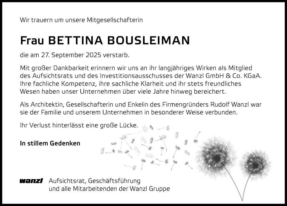 Traueranzeige von Bettina Bousleiman von Augsburger Allgemeine