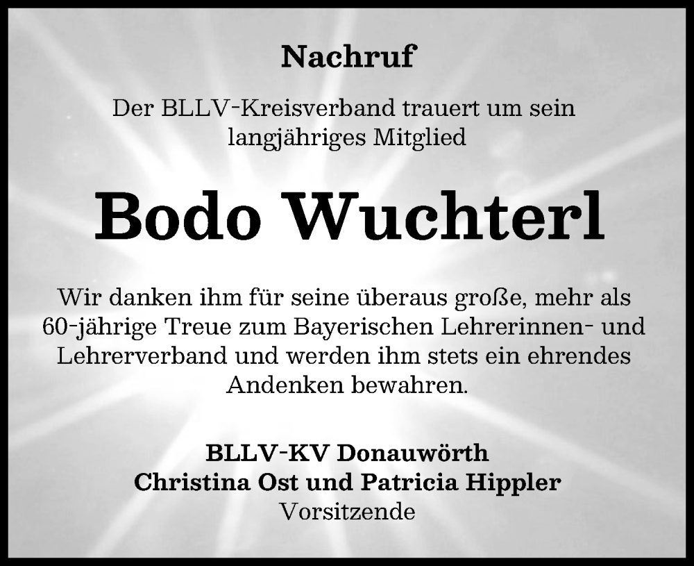 Traueranzeige von Bodo Wuchterl von Donauwörther Zeitung