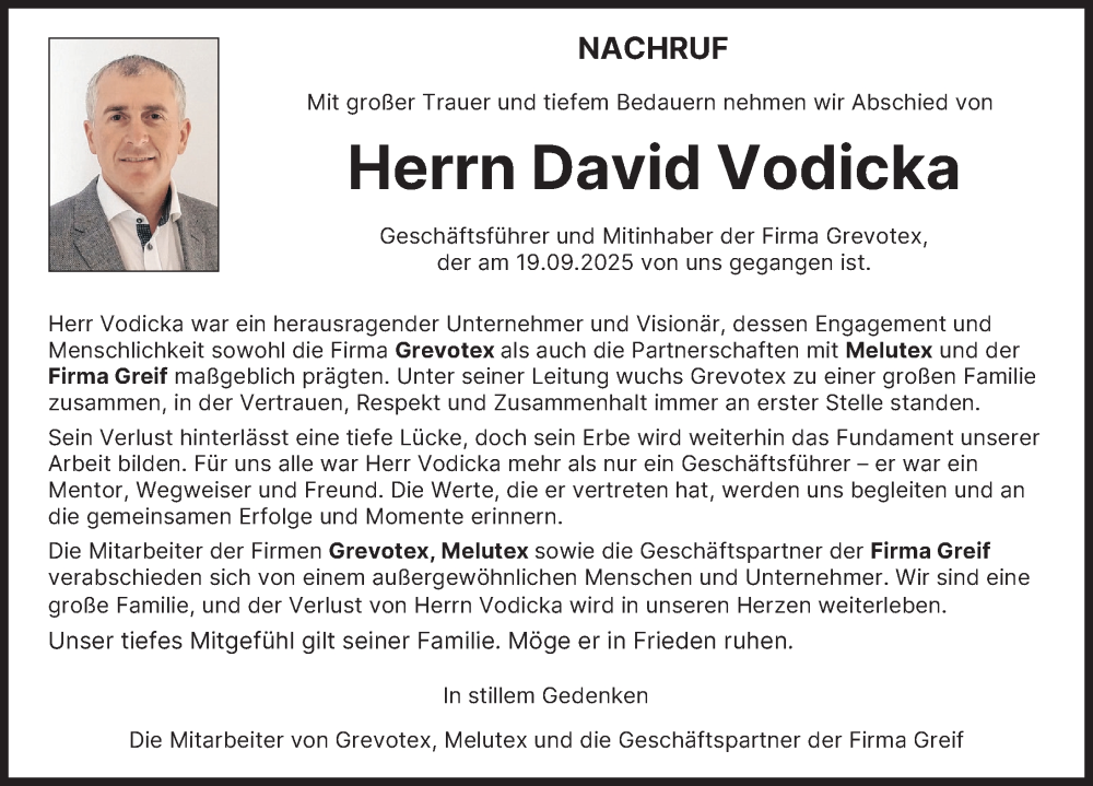 Traueranzeige von David Vodicka von Augsburger Allgemeine