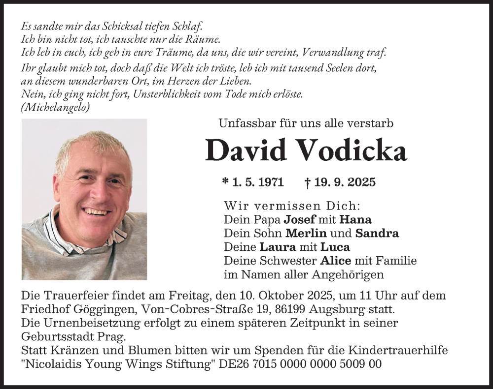 Traueranzeige von David Vodicka von Augsburger Allgemeine