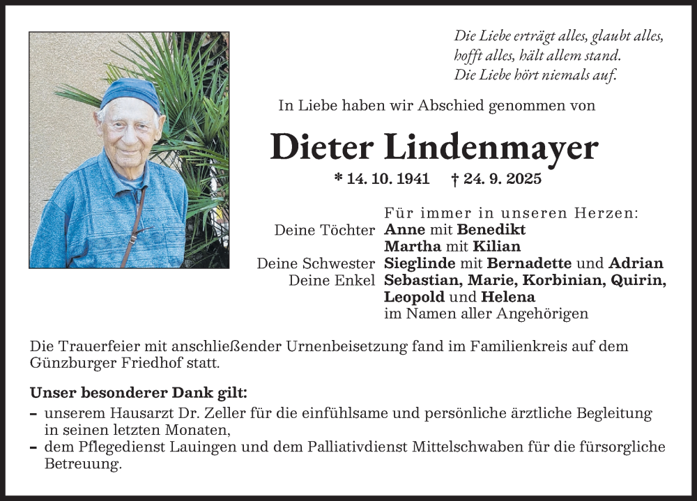 Traueranzeige von Dieter Lindenmayer von Günzburger Zeitung
