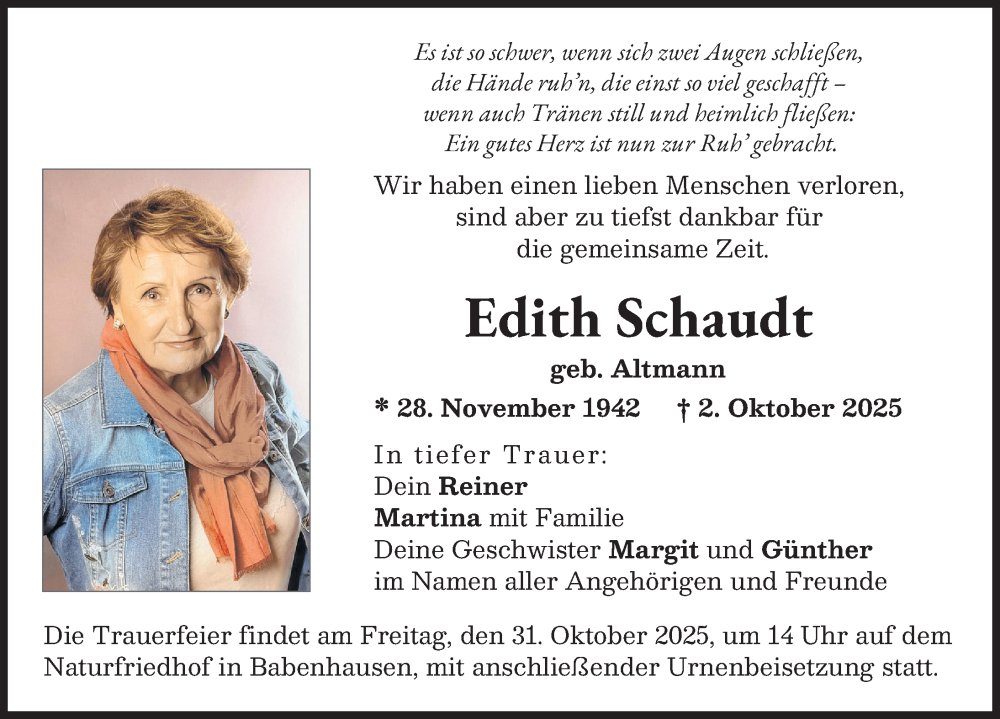 Traueranzeige für Edith Schaudt vom 25.10.2025 aus Neu-Ulmer Zeitung, Augsburger Allgemeine