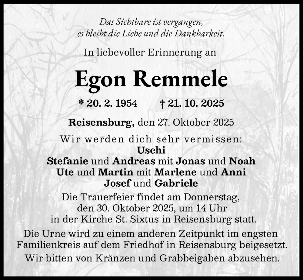 Traueranzeige von Egon Remmele von Günzburger Zeitung