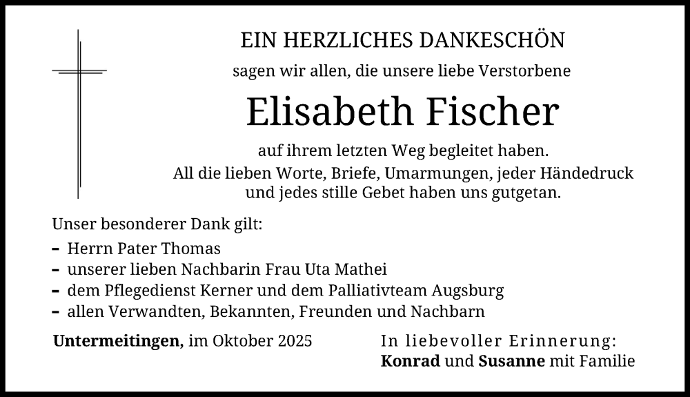 Traueranzeige von Elisabeth Fischer von Schwabmünchner Allgemeine, Augsburg-Land