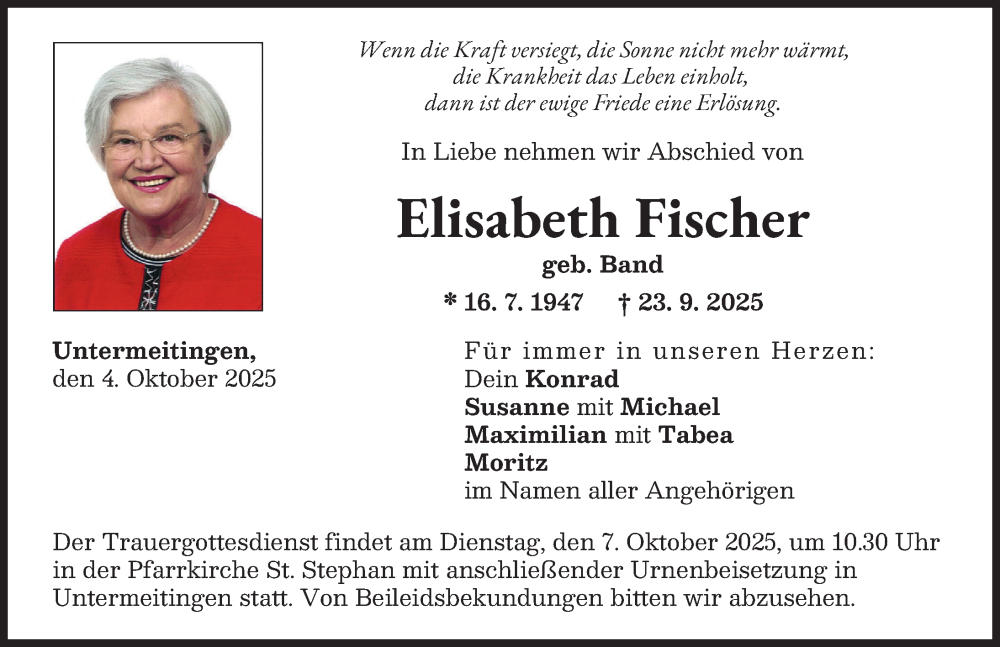 Traueranzeige von Elisabeth Fischer von Schwabmünchner Allgemeine, Augsburg-Land