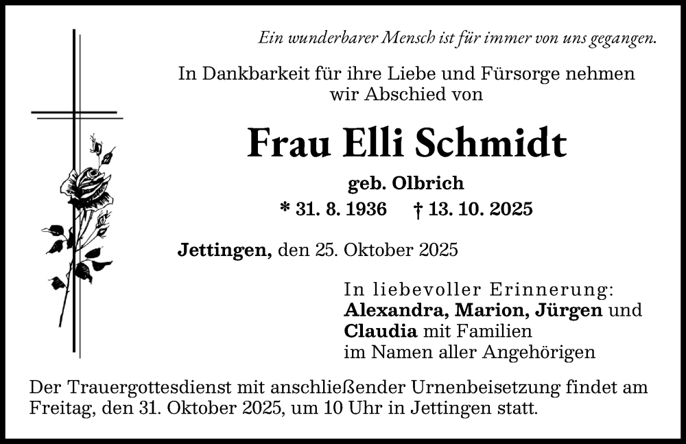 Traueranzeige von Elli Schmidt von Günzburger Zeitung