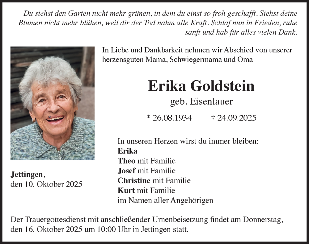 Traueranzeige von Erika Goldstein von Günzburger Zeitung