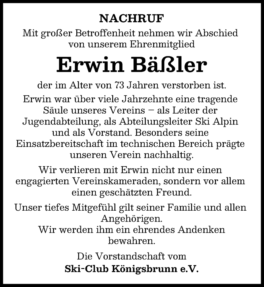 Traueranzeige von Erwin Bäßler von Schwabmünchner Allgemeine