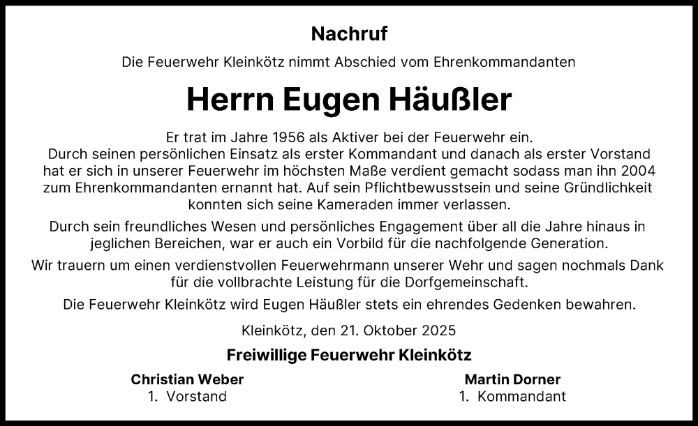 Traueranzeige von Eugen Häußler von Günzburger Zeitung
