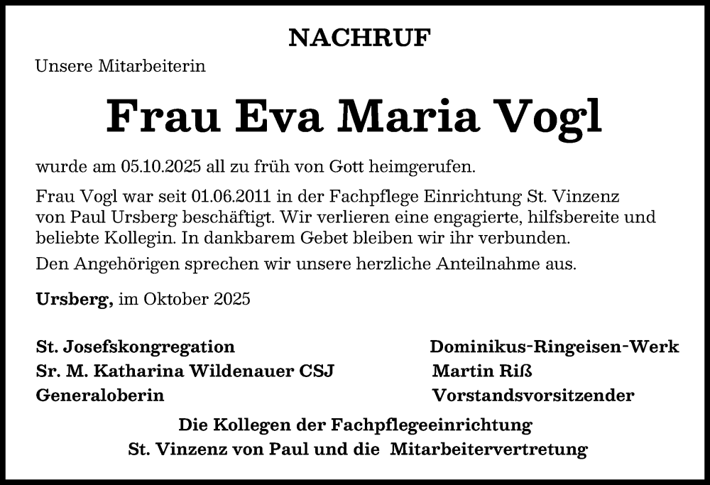 Traueranzeige von Eva Maria Vogl von Mittelschwäbische Nachrichten
