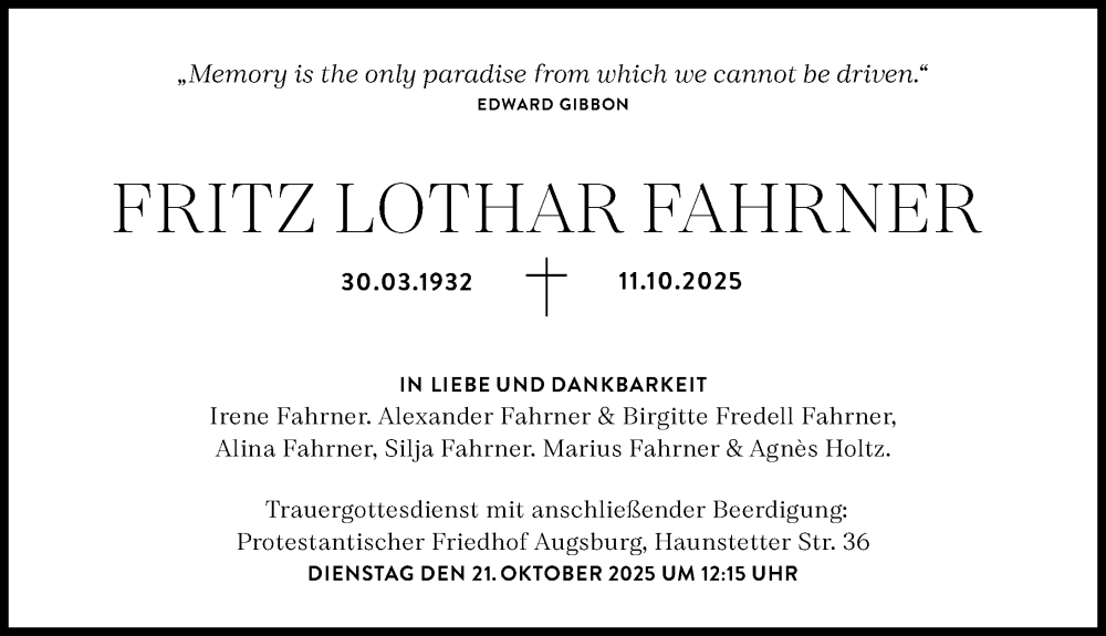  Traueranzeige für Fritz Lothar Fahrner vom 18.10.2025 aus Augsburger Allgemeine