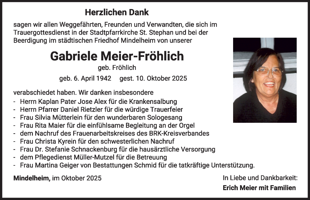 Traueranzeige von Gabriele Meier-Fröhlich von Mindelheimer Zeitung