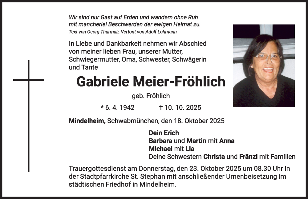 Traueranzeige von Gabriele Meier-Fröhlich von Schwabmünchner Allgemeine
