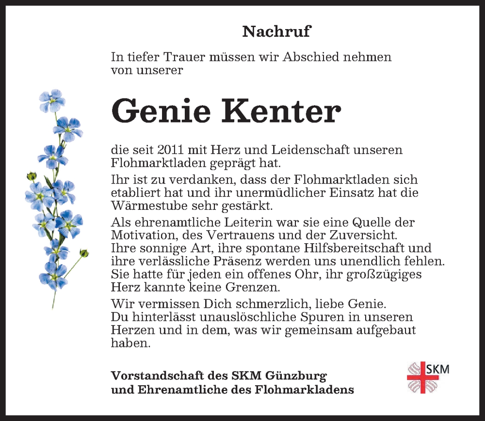 Traueranzeige von Genie Kenter von Günzburger Zeitung