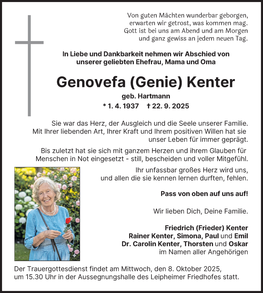 Traueranzeige von Genovefa Kenter von Günzburger Zeitung, Mittelschwäbische Nachrichten