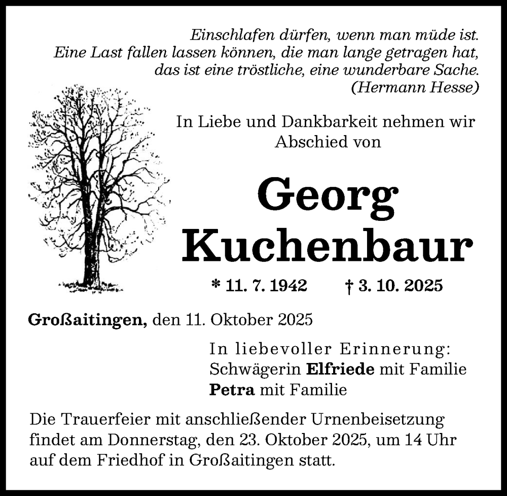 Traueranzeige von Georg Kuchenbaur von Schwabmünchner Allgemeine