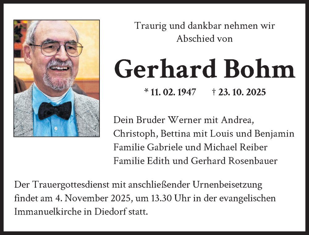 Traueranzeige von Gerhard Bohm von Augsburger Allgemeine