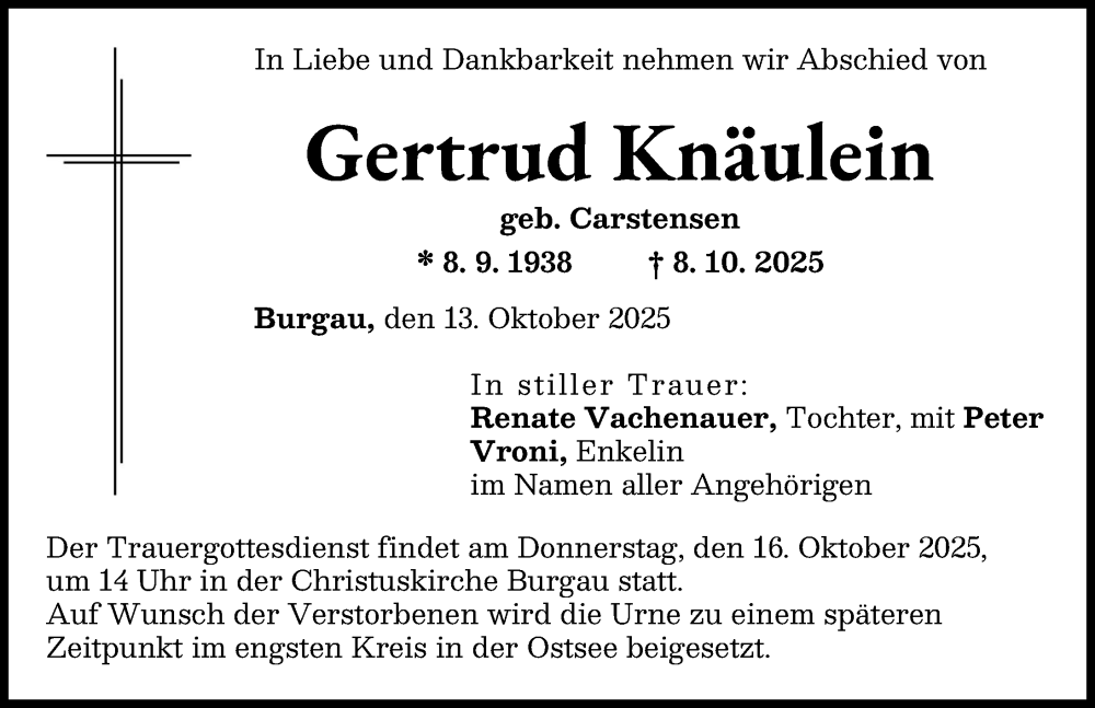 Traueranzeige von Gertrud Knäulein von Günzburger Zeitung