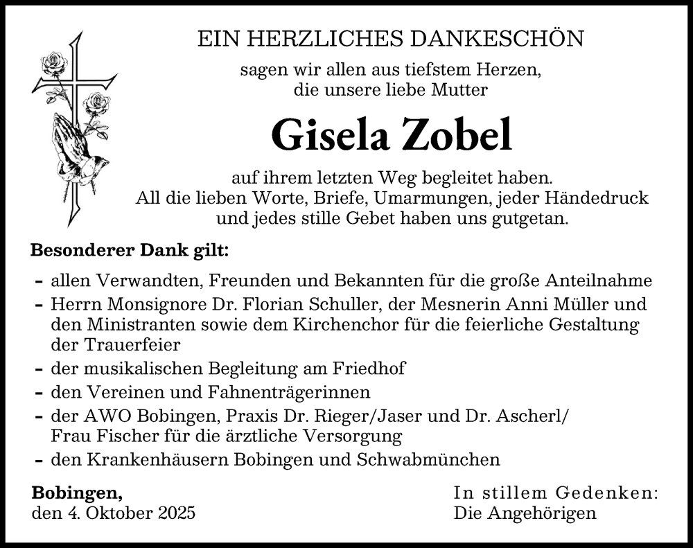 Traueranzeige von Gisela Zobel von Schwabmünchner Allgemeine