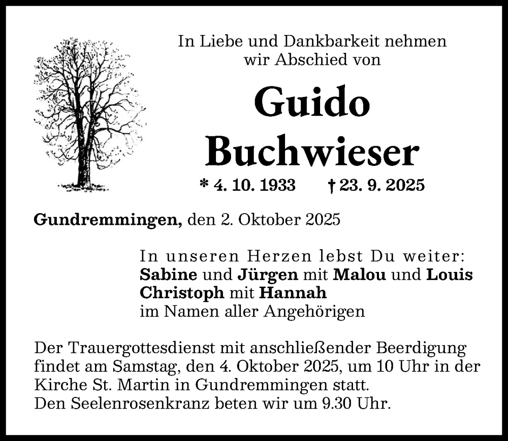 Traueranzeige von Guido Buchwieser von Günzburger Zeitung