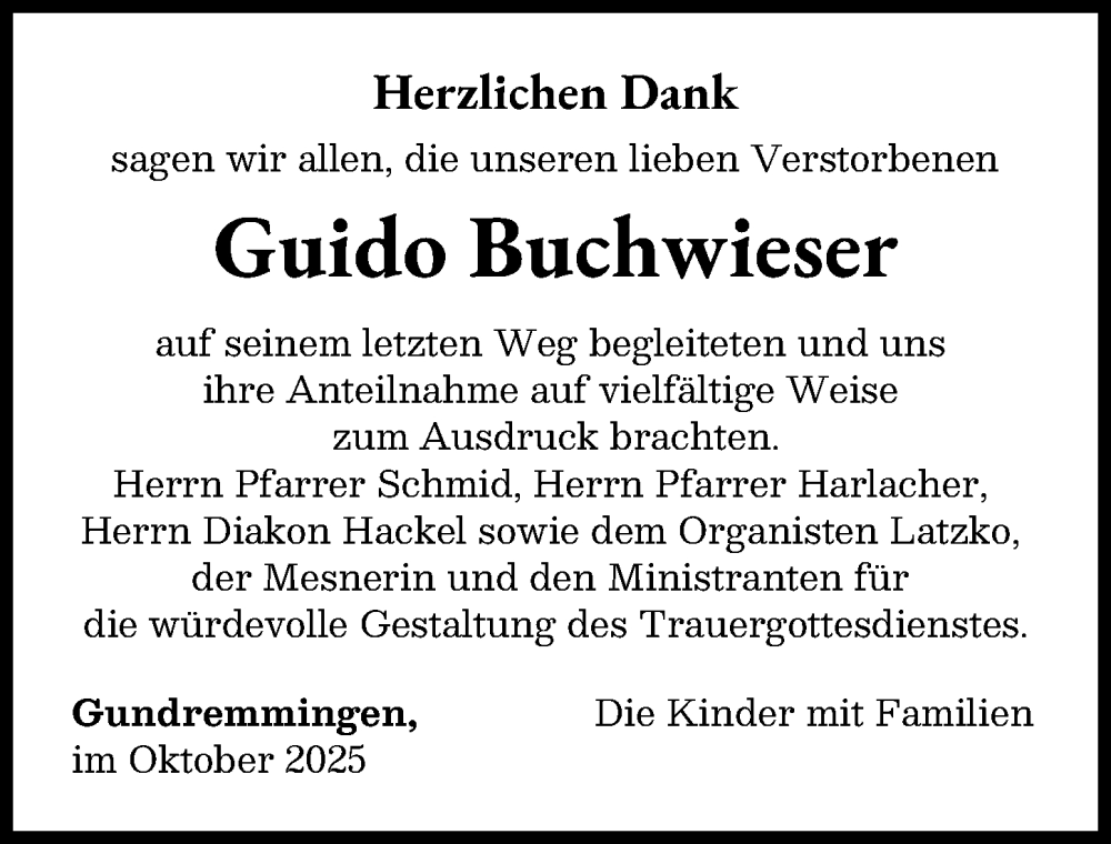 Traueranzeige von Guido Buchwieser von Günzburger Zeitung
