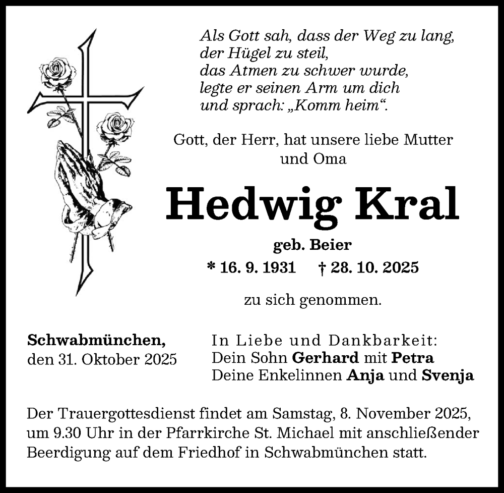 Traueranzeige von Hedwig Kral von Günzburger Zeitung