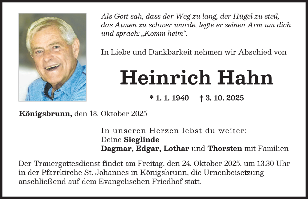 Traueranzeige von Heinrich Hahn von Schwabmünchner Allgemeine