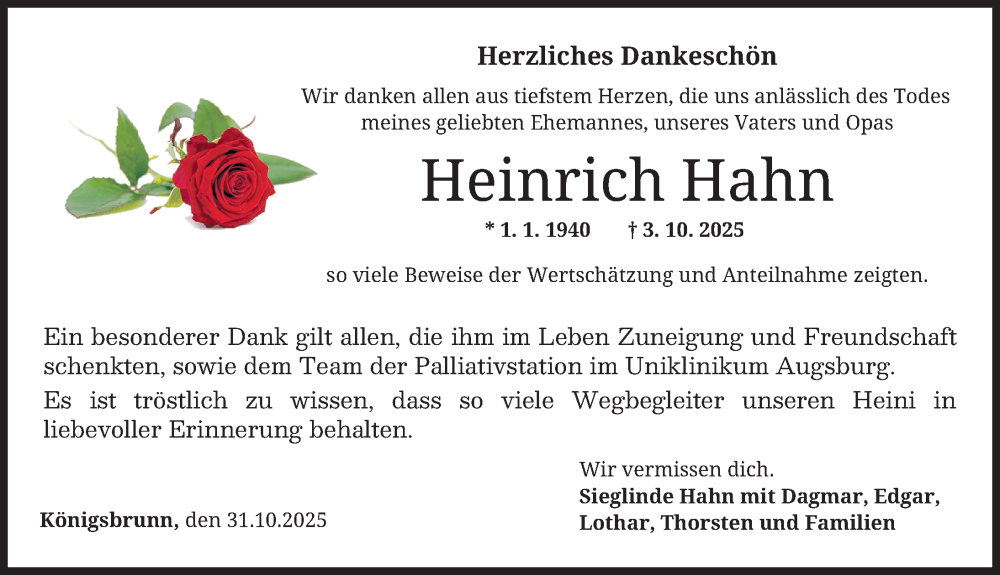 Traueranzeige von Heinrich Hahn von Schwabmünchner Allgemeine