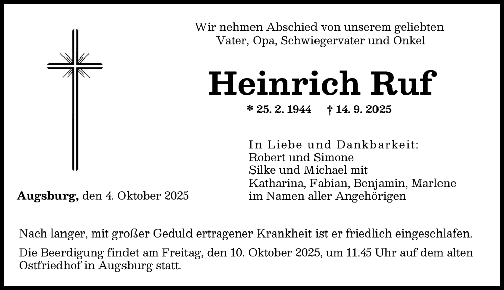  Traueranzeige für Heinrich Ruf vom 04.10.2025 aus Augsburger Allgemeine