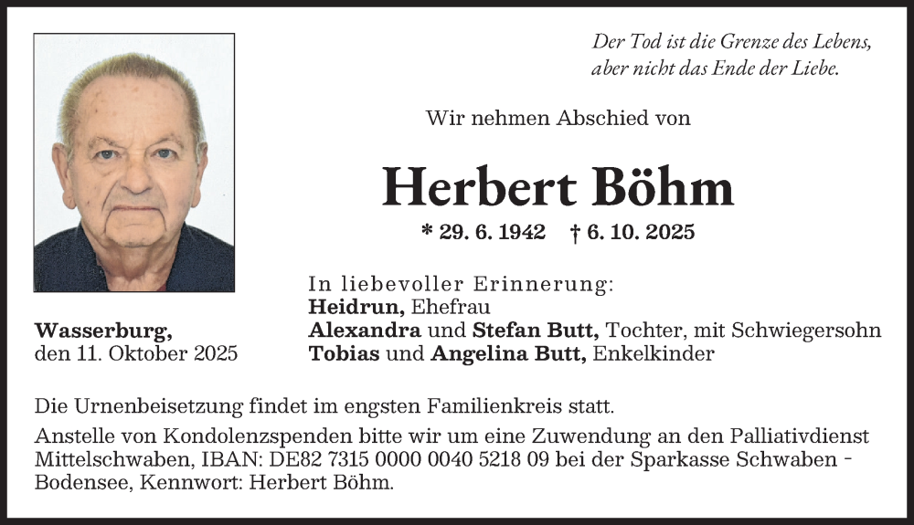 Traueranzeige von Herbert Böhm von Günzburger Zeitung