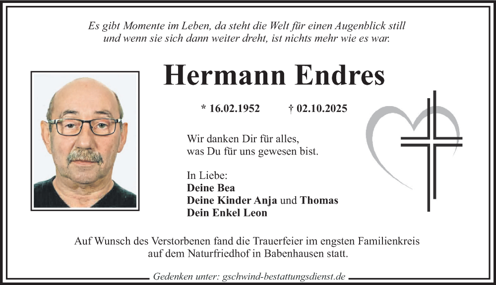 Traueranzeige für Hermann Endres vom 22.10.2025 aus Mittelschwäbische Nachrichten