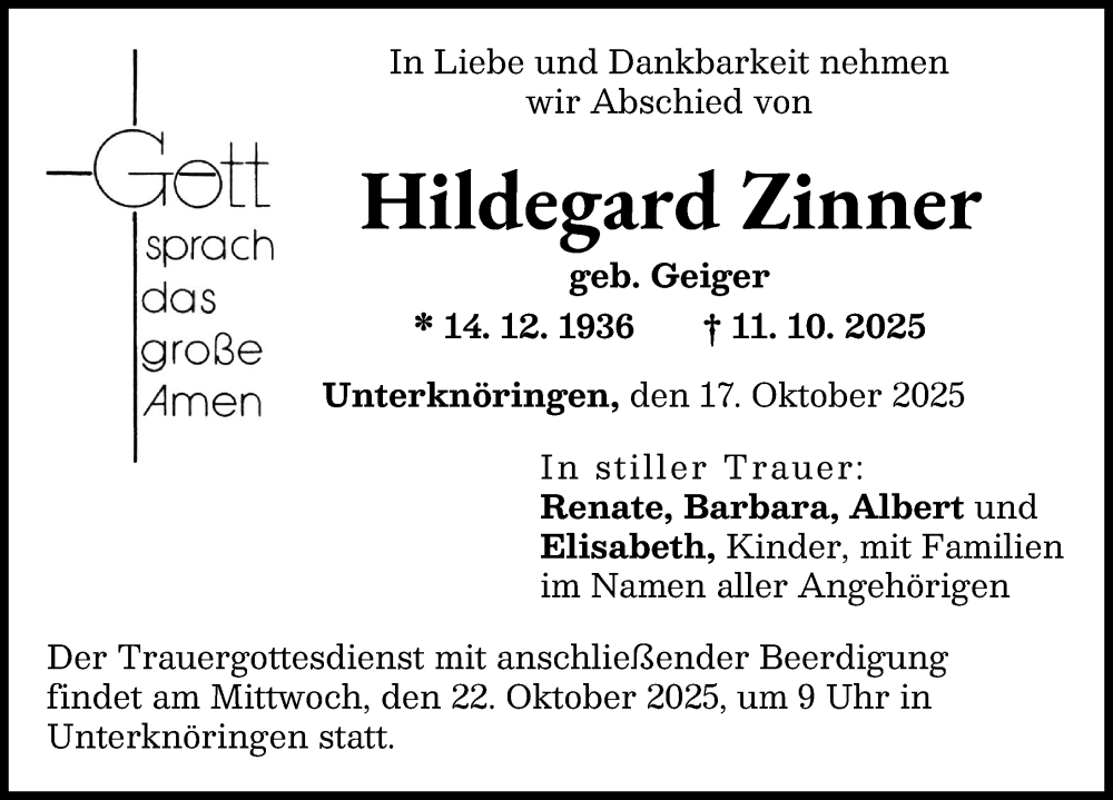Traueranzeige von Hildegard Zinner von Günzburger Zeitung