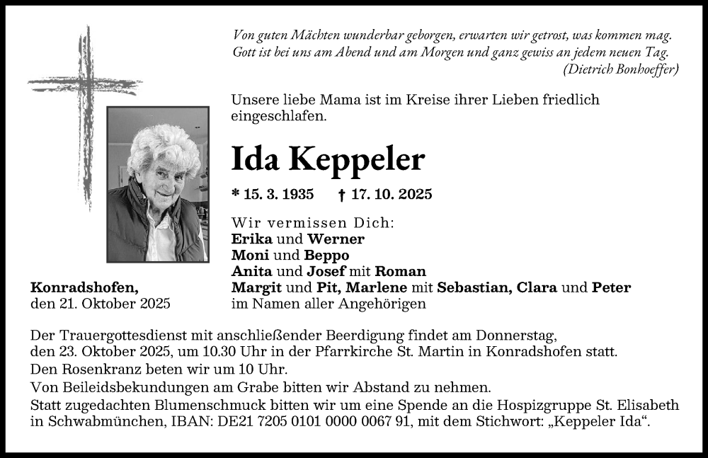 Traueranzeige von Ida Keppeler von Schwabmünchner Allgemeine