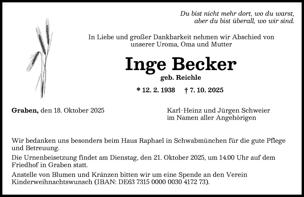 Traueranzeige von Inge Becker von Schwabmünchner Allgemeine