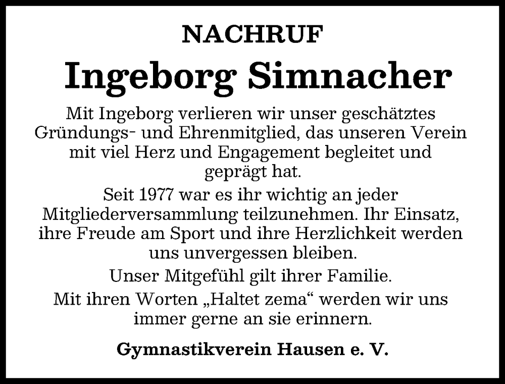  Traueranzeige für Ingeborg Simnacher vom 07.10.2025 aus Mindelheimer Zeitung