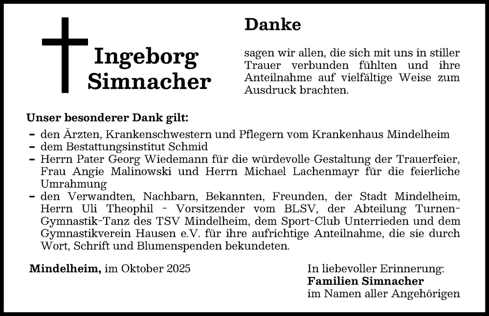  Traueranzeige für Ingeborg Simnacher vom 25.10.2025 aus Mindelheimer Zeitung