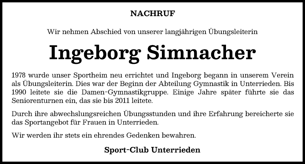  Traueranzeige für Ingeborg Simnacher vom 07.10.2025 aus Mindelheimer Zeitung