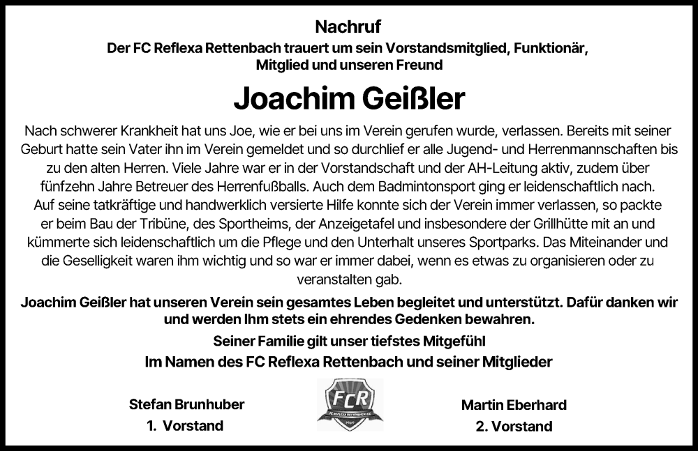 Traueranzeige von Joachim Geißler von Günzburger Zeitung