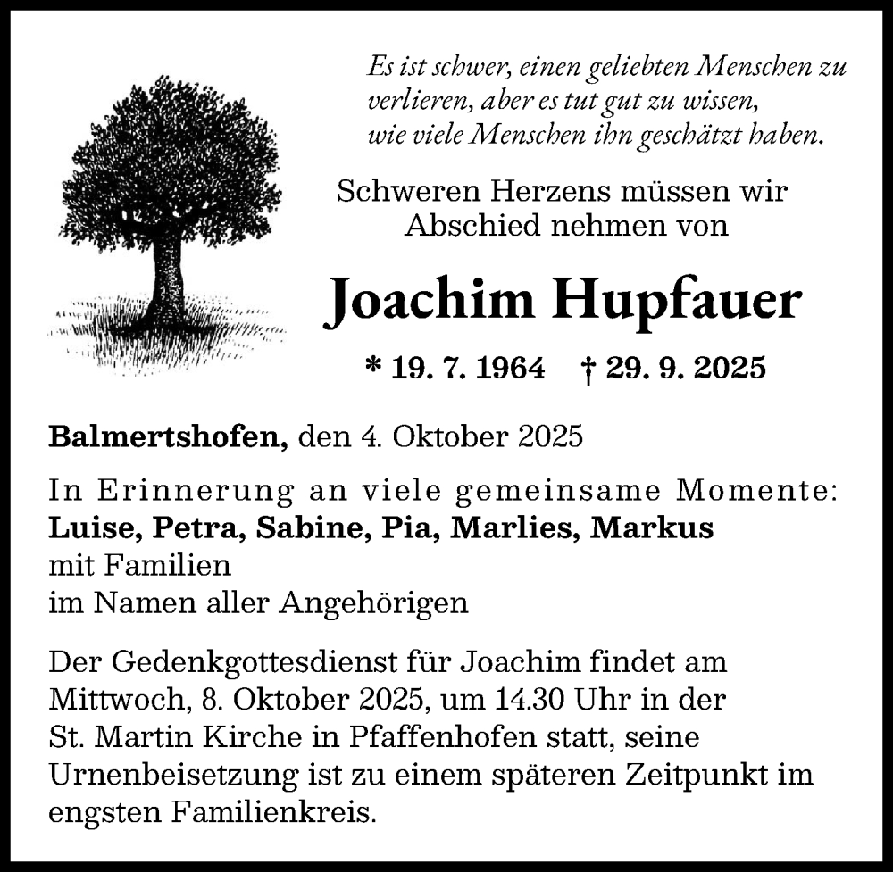 Traueranzeige von Joachim Hupfauer von Günzburger Zeitung, Neu-Ulmer Zeitung