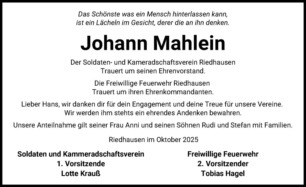 Traueranzeige von Johann Mahlein von Günzburger Zeitung