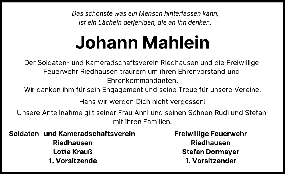 Traueranzeige von Johann Mahlein von Günzburger Zeitung