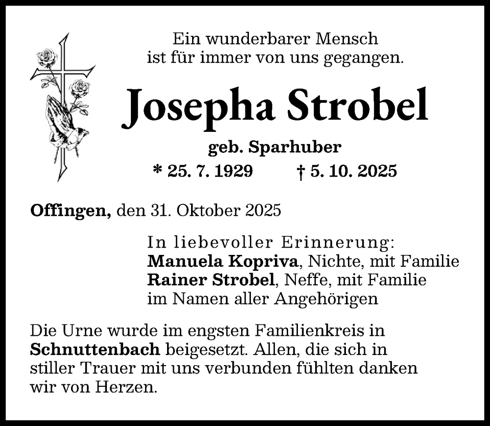 Traueranzeige von Josepha Strobel von Günzburger Zeitung