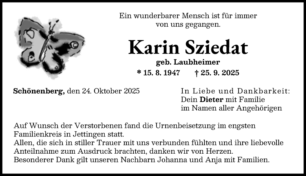 Traueranzeige von Karin Sziedat von Günzburger Zeitung