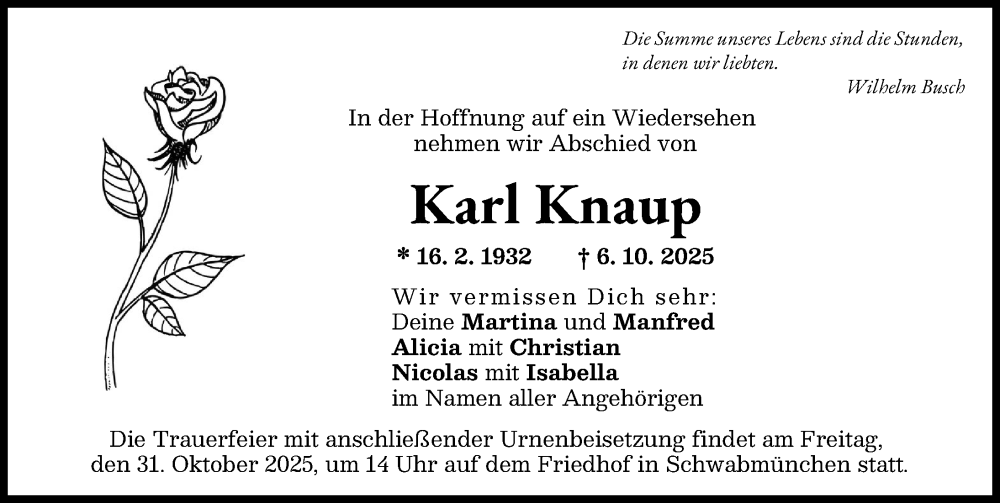 Traueranzeige von Karl Knaup von Schwabmünchner Allgemeine