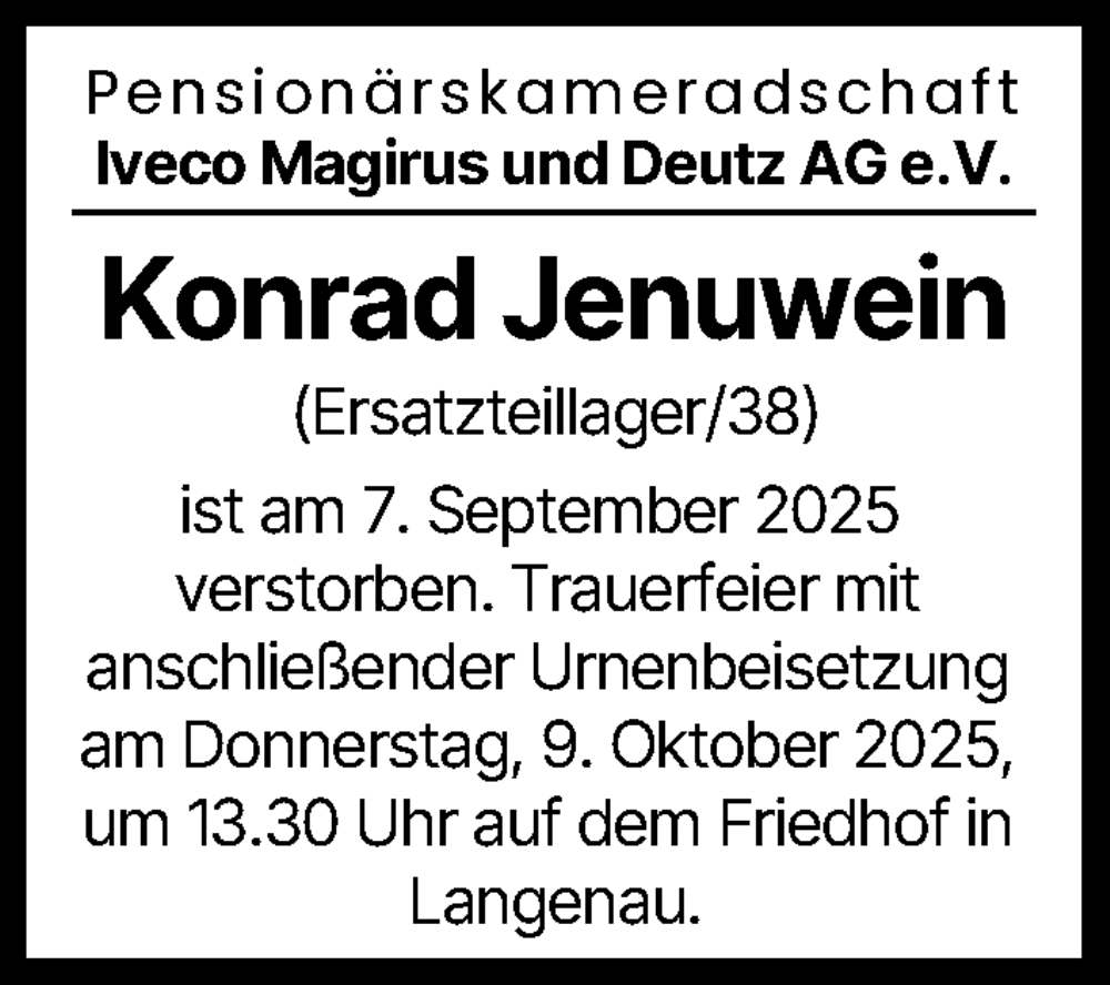 Traueranzeige von Konrad Jenuwein von Neu-Ulmer Zeitung, Günzburger Zeitung, Illertisser Zeitung