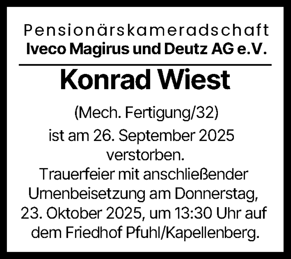 Traueranzeige von Konrad Wiest von Neu-Ulmer Zeitung, Günzburger Zeitung, Illertisser Zeitung