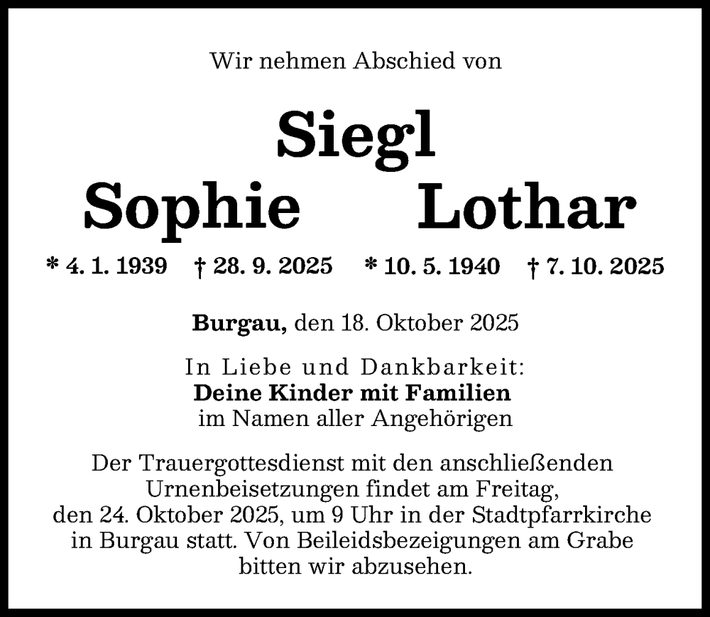 Traueranzeige von Lothar Siegl   von Günzburger Zeitung